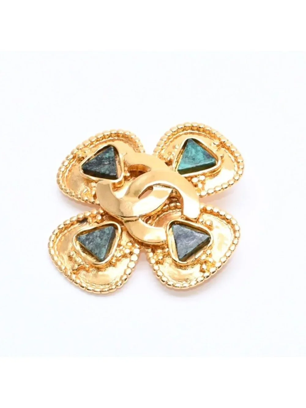Chanel CC Logo Gripoix Brooch Clover Shape Color Stone Gold Green Metal Plated